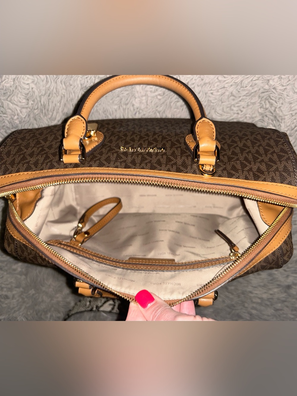 Michael Kors Brown Monogram Satchel with Tan Handles - Picture 7 of 12